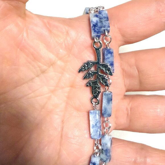 Genuine Blue White Sodalite Matinee Necklace, Gemstone & Leaf Branch Pendant - Picture 14 of 14